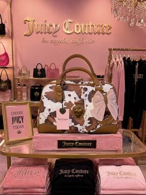 VIRAL Juicy Couture Brown & White Cow Print Satchel with Pink Bow